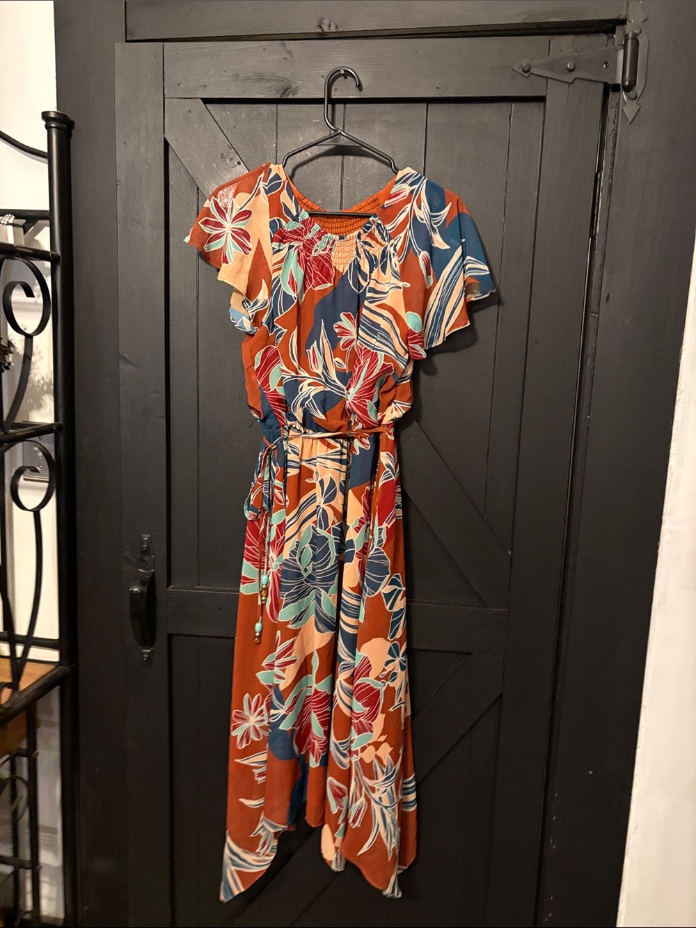 Jessica Howard Rust Floral Asymmetrical Dress with Blue and Cream Accents